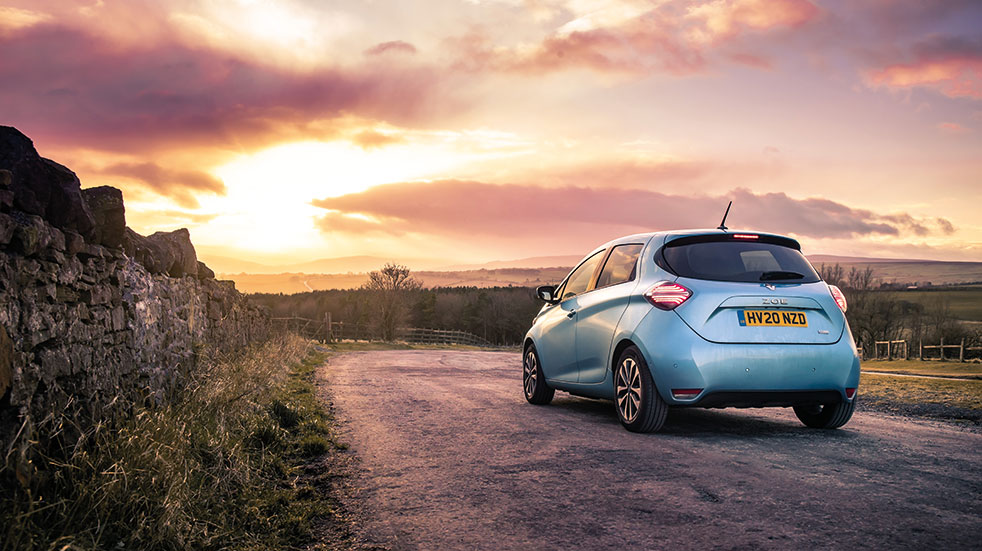 Great electric car drive; sunset